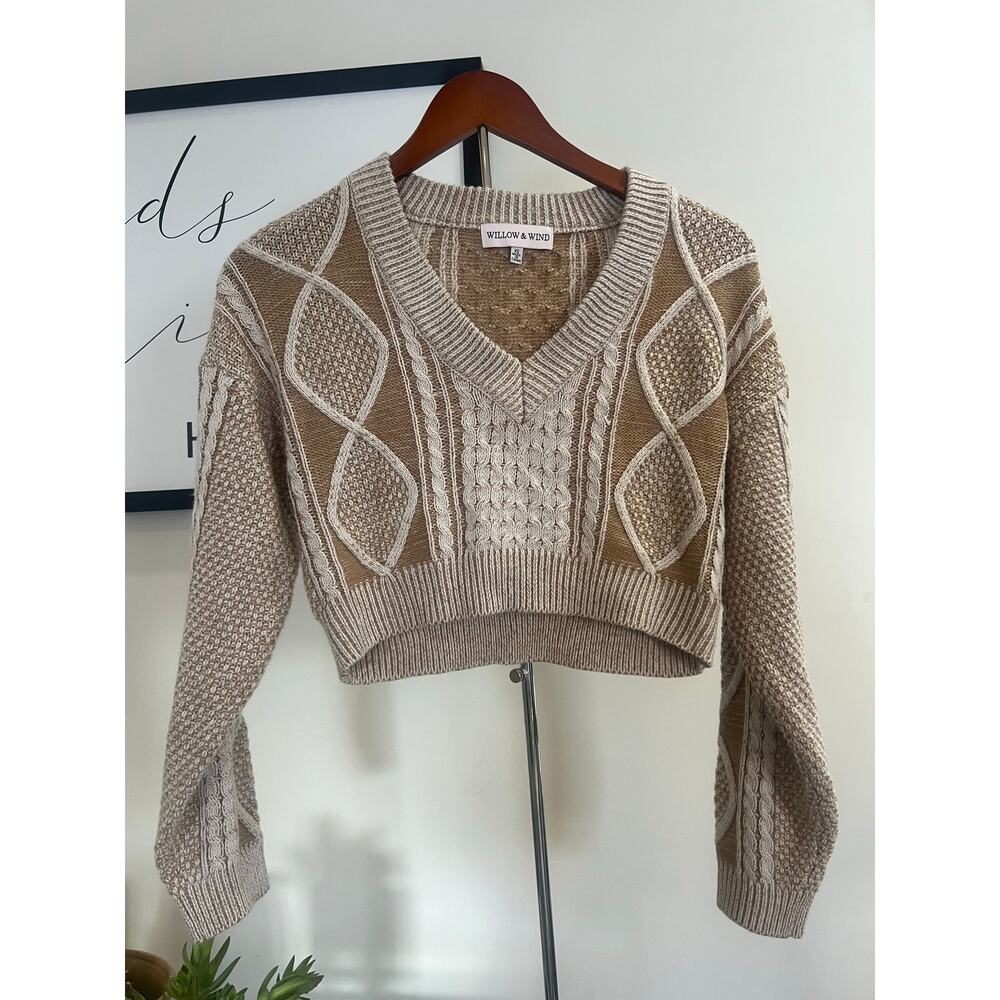 Willow & Wind Tan & Cream V-Neck Cropped Sweater – Size XS